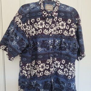 Cut & Dry Authentic Shirtings Mens Hawaiian Shirt XL Blue Brown Floral Button-Up